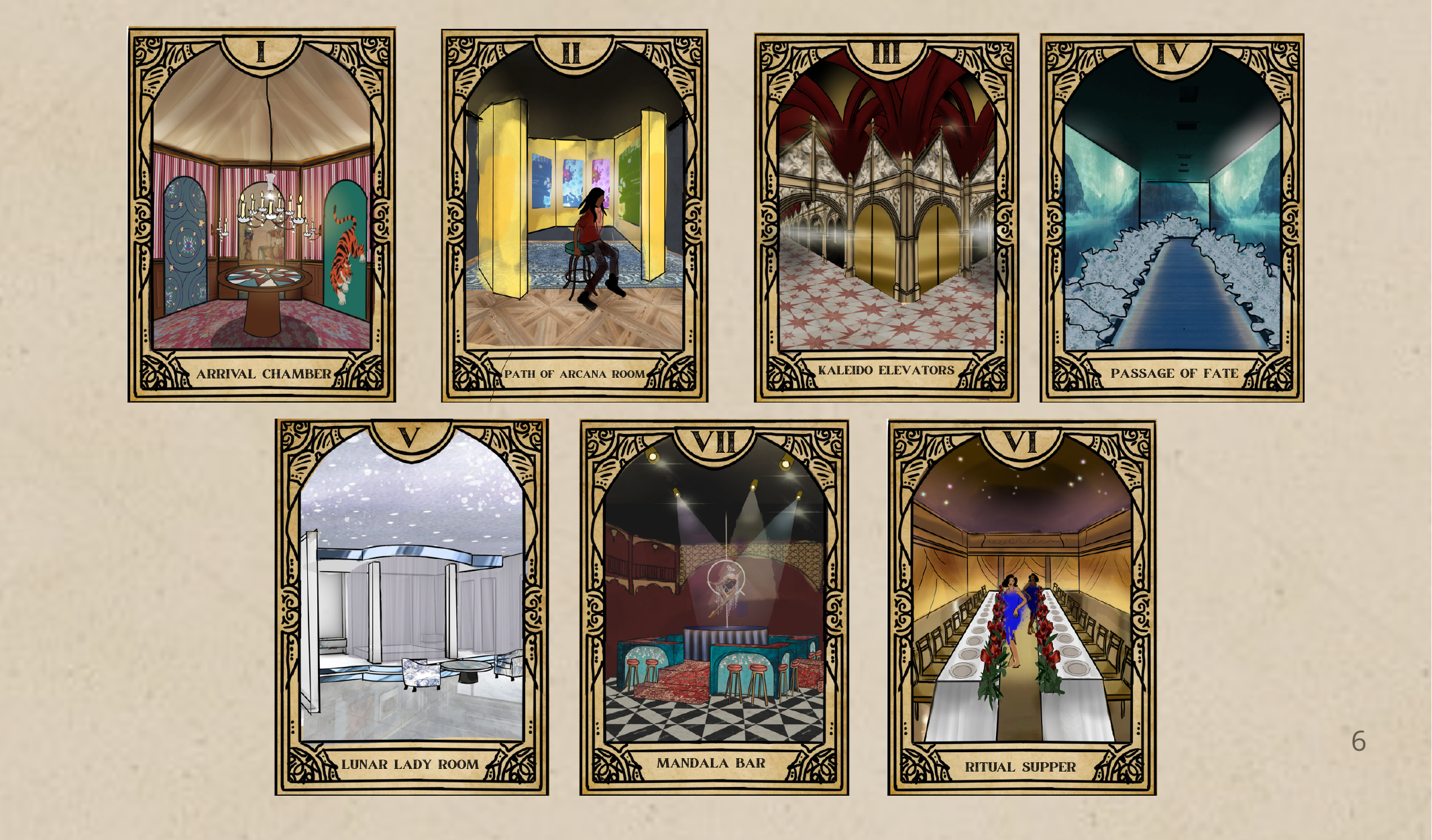 Tarot Hotel — seven room renders